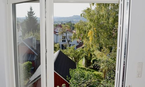 Blick aus einem offenem Fenster in den Garten