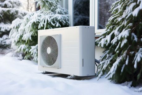 Das Foto zeigt eine Wärmepumpe vor einem Haus