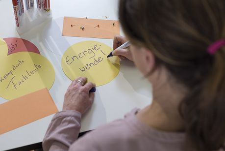 Frau schreibt auf gelben Papierkreis