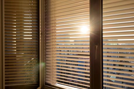 Das Foto zeigt ein Fenster mit außeneliegendem Sonnenschutz